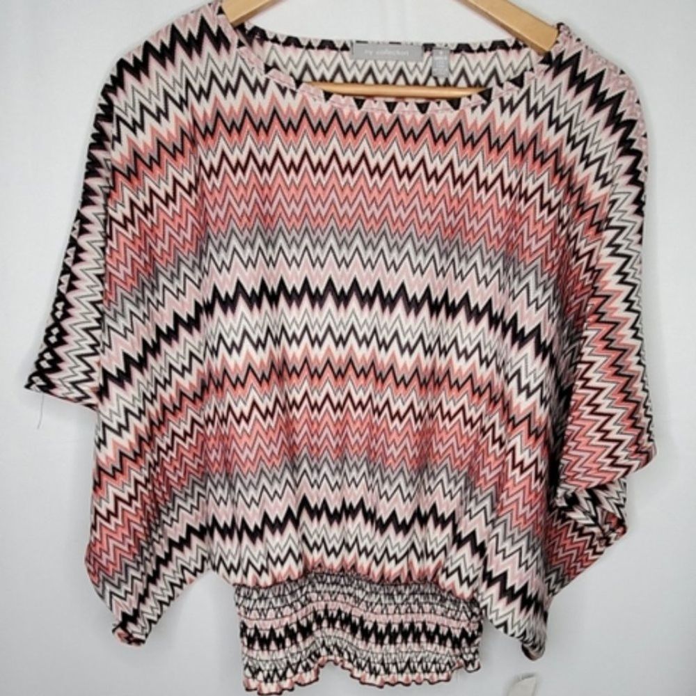 NY Collection Zig Zag Stripe Poncho Sleeve Smocked Top S